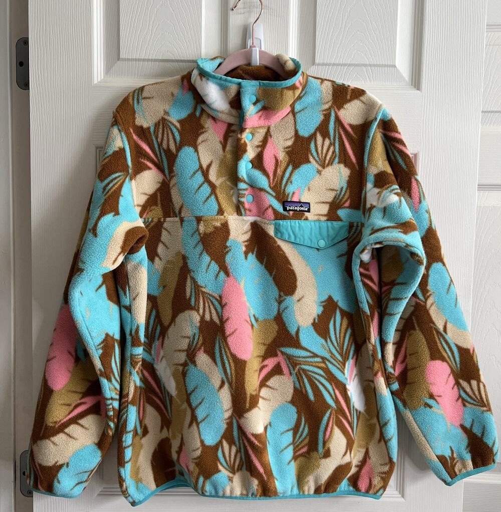 PATAGONIA Women’s Rare Synchilla Feather Dance Teal Snap-T Fleece Pullover Sz L